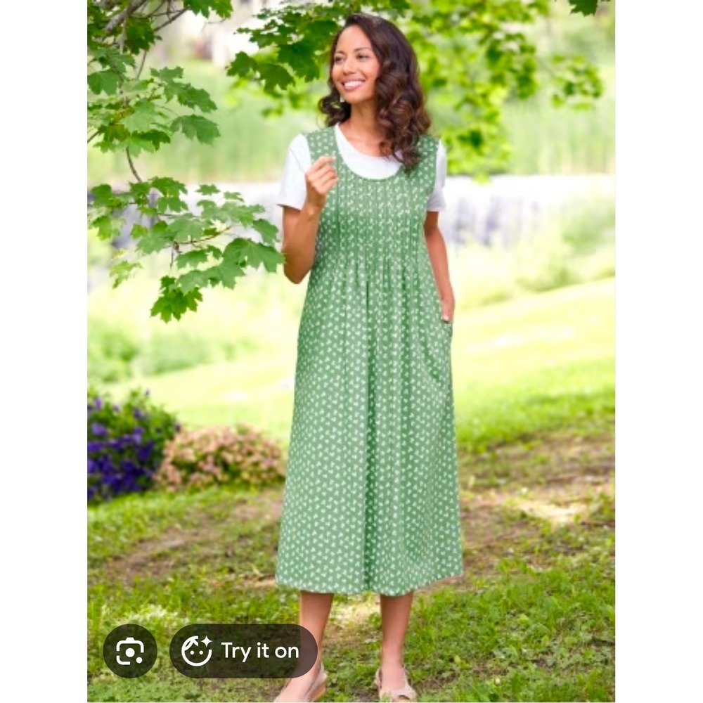 Vermont Country Store Green Floral Pintuck Pleated Knit Jumper Dress L Pocket